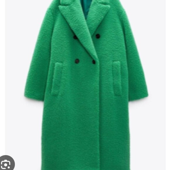 ZARA Green Teddy Shearling Double-Breasted Coat Pockets - Size Small - Picture 4 of 10